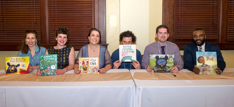 From left: New Writer Honor Julia Sarcone-Roach, New Illustrator Winner Phoebe Wahl, New Writer Honor Megan Dowd Lambert, New Illustrator Honor Rowboat Watkins, New Illustrator Honor Ryan T. Higgins, New Writer Winner, Don Tate