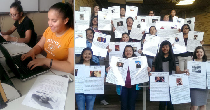 LEFT: A member of the C.R.A.S.H Club, at the Community Schools of Frankfort, IN, puts the finishing touches on her poster on Vincent Fernandez, a Mexican singer, actor and film producer heralded for five decades as the greatest living singer in Mexico. This poster is one of 50 created with the help of a Mini-Grant from the Ezra Jack Keats Foundation. The project is designed to empower Latino elementary students to learn about and take pride in their heritage. RIGHT High school students in the C.R.A.S.H. Club (Community Raising & Starting Heroes) of the Community Schools of Frankfort, IN, proudly show off their posters of 50 Latino professionals, past and present. An Ezra Jack Keats Mini-Grant made it possible for the Club to produce and and display the posters, which included well-researched summaries of each subject’s achievements in both English and Spanish. 