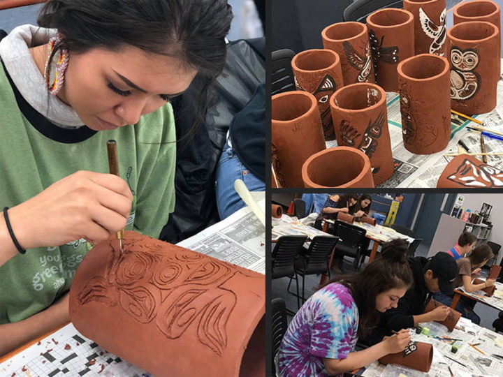 An Ezra Jack Keats Mini-Grant made it possible for Native American students from three schools in Lincoln County, Oregon to meet together to carve personal totems during Ghas-Tv-Xvm (Deeni language for “The Places We Go.”). Students carved totem symbols into red terracotta clay (L) and added details in black and white underglaze (top R). They carved 22 clay totem pieces in all (bottom R), which were assembled into 4 totem poles approximately 6ft. tall.