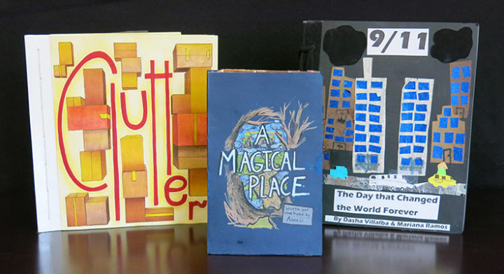 The city winners of the 2019 Ezra Jack Keats Bookmaking Competition are: (L to R) Clutter, by Sofia Kudelina (grade 8, IS 98 The Bay Academy for the Arts & Sciences, Brooklyn, New York); A Magical Place by Annie Li (grade 11, Brooklyn Technical High School, Brooklyn, NY); and 9/11: The Day That Change the World by Dasha Villalba and Mariana Ramos (Grade 5, PS 63Q-The Old South, Queens, New York.) The winning books and honorable mentions are on display at Brooklyn Public Library’s Central Library, May 1-20.